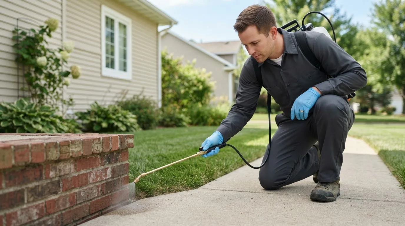 Pest control technician treating a home near Fultonham, NY